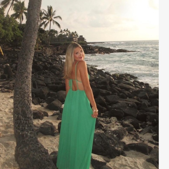 Green Pleated Maxi Dress Open Back Flowy Skirt Tie Straps - Picture 14 of 16